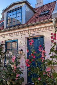 Haus in Aarhus mit Stockrosen davor