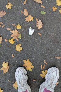 Herbstlaub auf Asphalt mit einem kleinen Stoffherz dazwischen