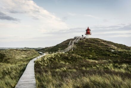 Ein Bohlenweg führt durch Dünen zu einem Seezeichen hin. Aufgenommen auf Amrum.
