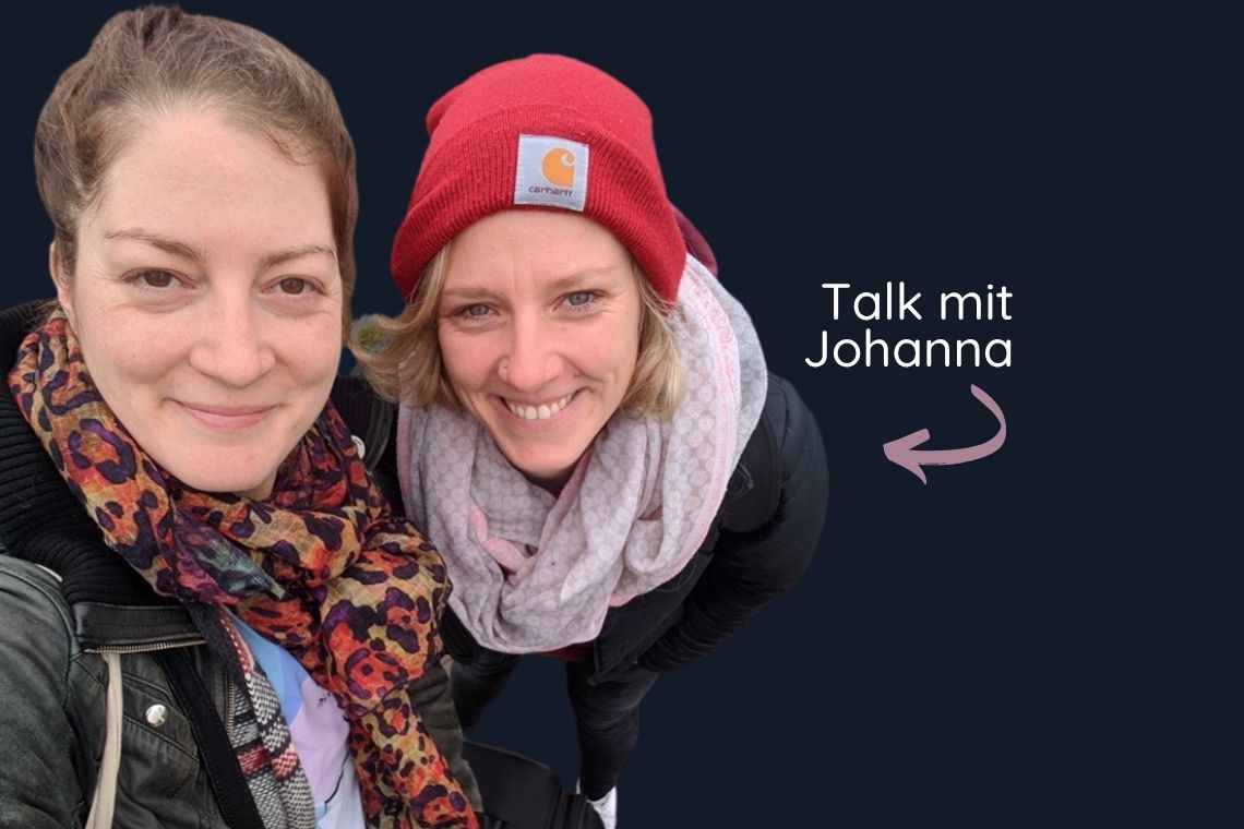 Die Wechseljahre feministisch betrachtet - Podcastfolge mit Suzanne Frankenfeld und Johanna. Bildbeschreibung: Zwei Frauen Mitte/Ende 30 von leicht oben fotografiert (Selfie), sie lächeln in die Kamera. Auf dem Bild steht der Text: "Talk mit Johanna"